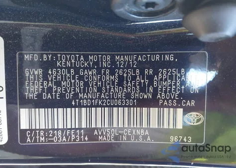 2012 Toyota Camry Hybrid Le from USA, damaged, VIN 4T1BD1FK2CU063301